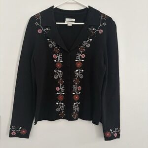 C&B Women'sDark Academia Black Hand Embroidered Floral Button Sweater/Cardigan M